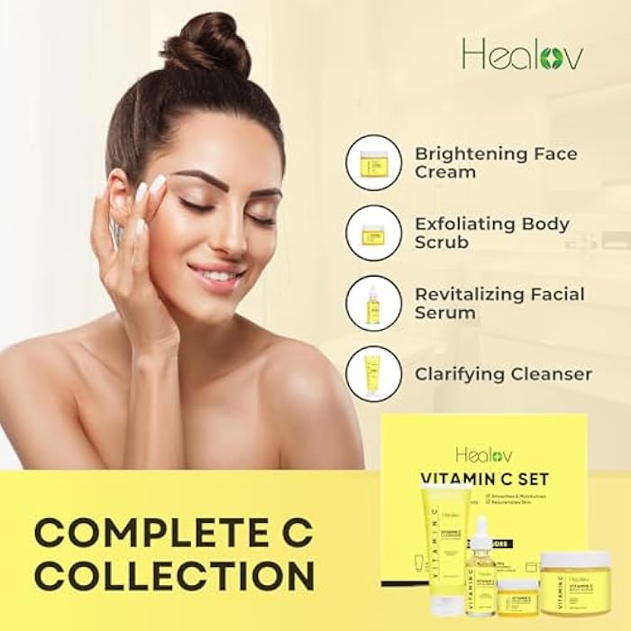 Healov Vitamin C Skincare Set – Hydrating Facial Cleanser, Exfoliating Body Scrub, Face Cream & Anti Aging Serum – Vit C Reduces Dullness, Fine Lines, Wrinkles, Dark Circles – Travel Kit for Youthful Skin - Image 2