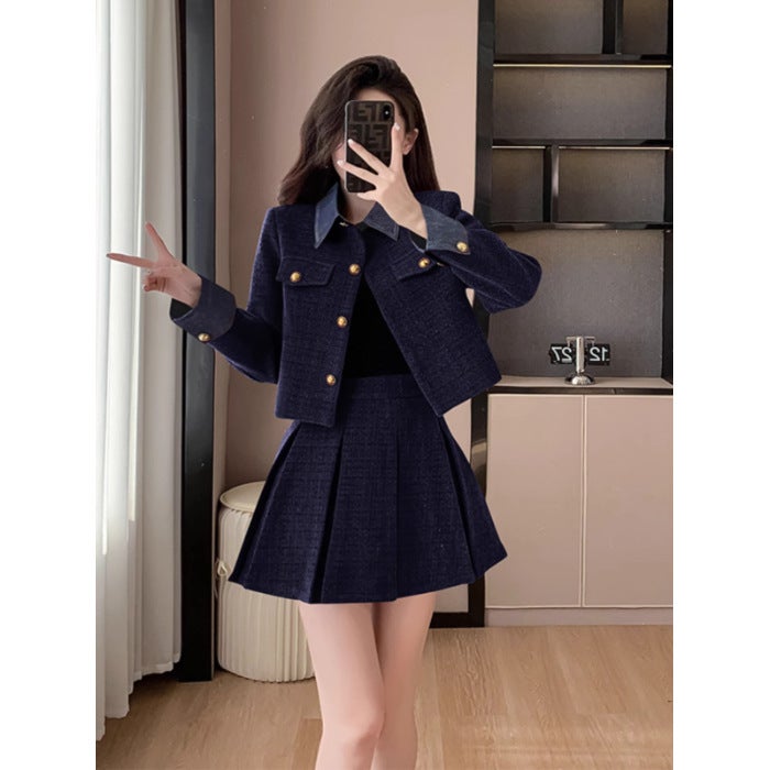 Fall/Winter French Socialite Red Fragrant Style dress Womens New Year Clothes New Years Robe Pleated Skirt Two-Piece Set navy blue suit (quilted lining)