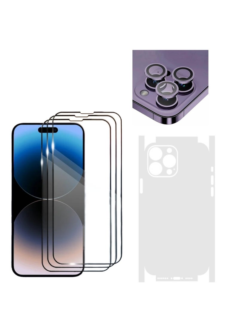 DIGI CORE iPhone Full Coverage Set iPhone 14 Pro Screen Protector 3 Pack 6.1 Inch 2.5D Curved Edges With iPhone 14 Pro Camera Lens And Anti-Scratch iPhone Back PVC Clear Sheet (iPhone 14 Pro,Deep Purple) - Image 1