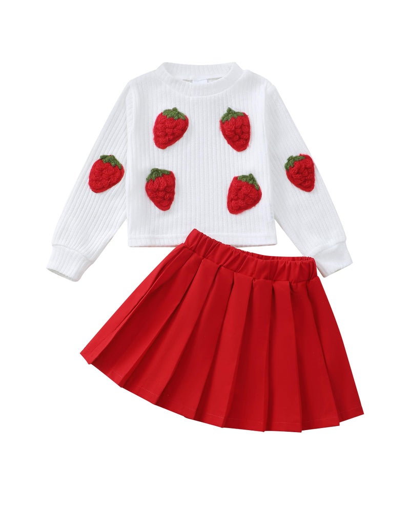 Renotemy Toddler Baby Girl Fall Winter Skirt Set Sweatshirt Pleated A-Line Dress Little Girls Clothes 2-Piece Outfits 18M-6T, Strawberry, 2-3 Years - Image 1