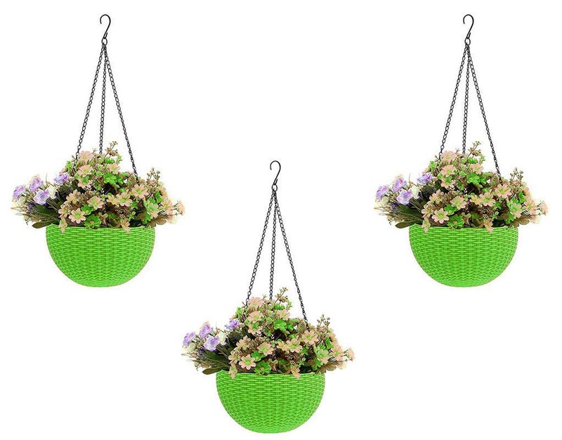 Bianco Round Rattan Woven Hanging Planters with Hanging Chain, Hanging Pots for Plants Balcony (Green, Set of 3, 7.1x4.8 Inch) - Image 1