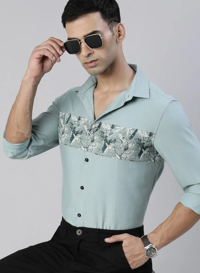 Bushirt Bushirt Men Green Fascia Cloud Grey Panel Print Shirt