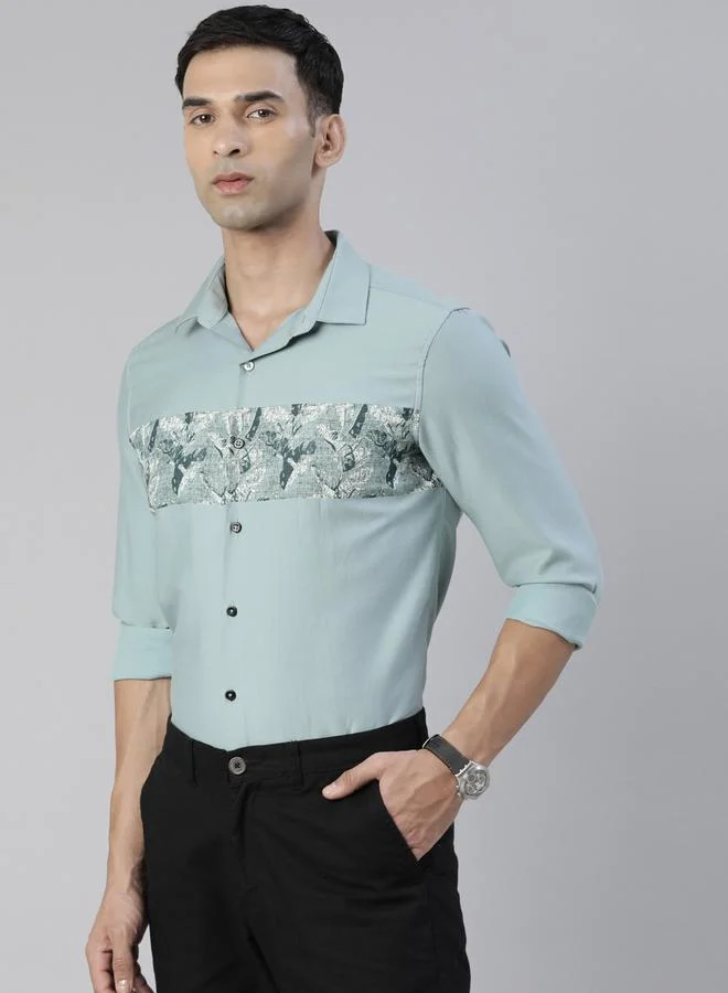 Bushirt Bushirt Men Green Fascia Cloud Grey Panel Print Shirt