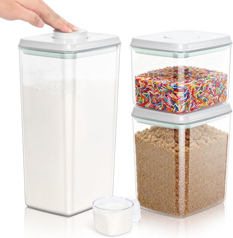 TBMax Flour Sugar Storage Container 3Pack 1.26+2.11+3.48 Quart, Airtight Food Storage Containers with Pop Up Lid & Measuring Scoop for Kitchen Pantry Organization - Image 1