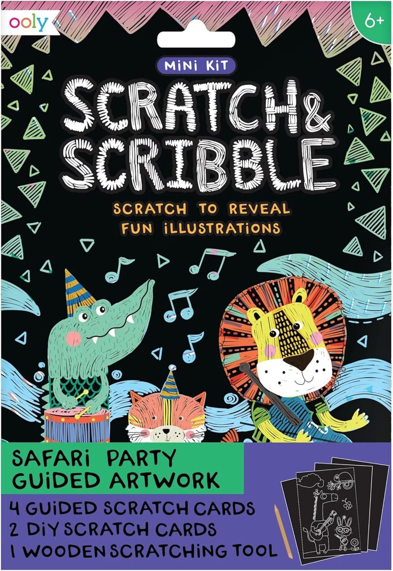 Ooly Mini Scratch & Scribble Art Kit - 6 Card Rainbow Scratch Art Set Gifts for Kids, Travel-Friendly Craft Kit, Scratching Tool Included - Safari Party - Image 1