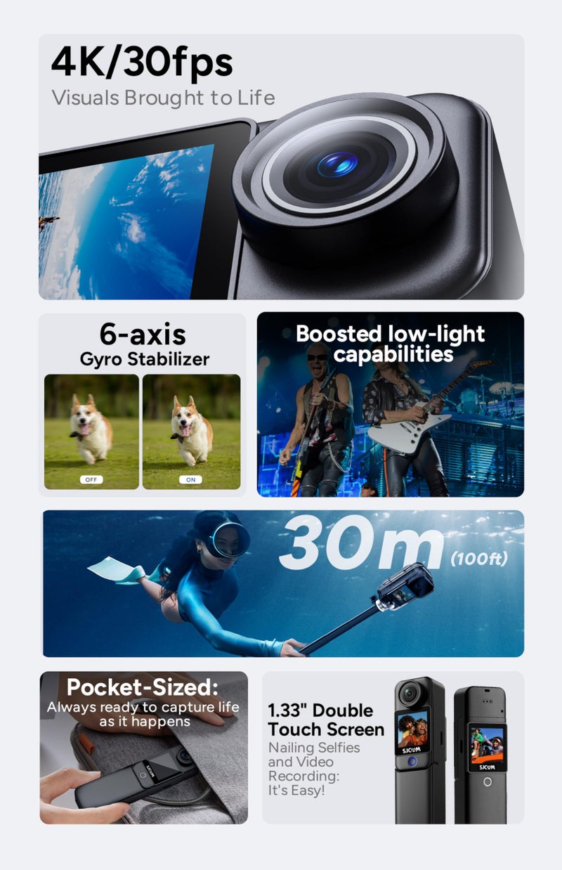 SJCAM كاميرا SJCAM C300 للتدوين (64 جيجابايت)، تصميم مغناطيسي وقابل للفصل باليد، فيديوهات 4K لمنشئي المحتوى وبث يوتيوب، طاقة لمدة 7 ساعات، تثبيت 6 محاور، مقاومة للماء حتى 30 متر، تسجيل فيديوهات السفر - Image 3