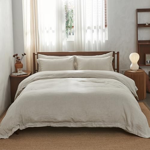 Simple&Opulence 100% Washed Linen Duvet Cover with Embroidered,3 Pieces Soft Farmhouse Comforter Set with Button Closure,1 Duvet Cover and 2 Pillowshams(Queen,Natural Linen) - Image 1