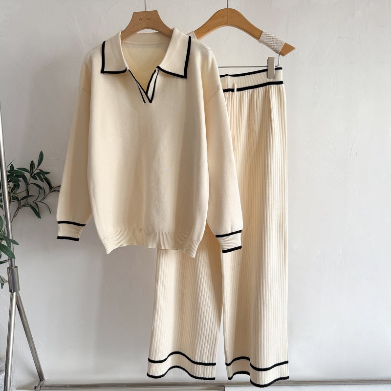 Fashion Casual Knit Two-Piece Set High Waist Slim Fit Turn-Down Collar Contrast Trim Women's Lounge Suit - Image 3