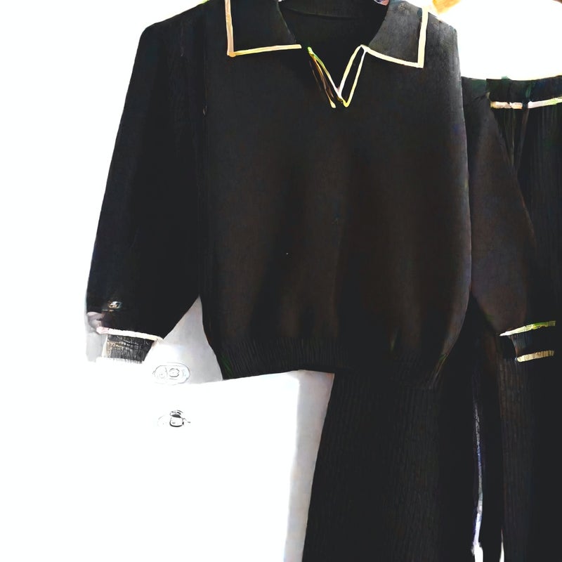Fashion Casual Knit Two-Piece Set High Waist Slim Fit Turn-Down Collar Contrast Trim Women's Lounge Suit - Image 5
