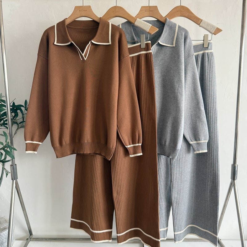 Fashion Casual Knit Two-Piece Set High Waist Slim Fit Turn-Down Collar Contrast Trim Women's Lounge Suit - Image 1