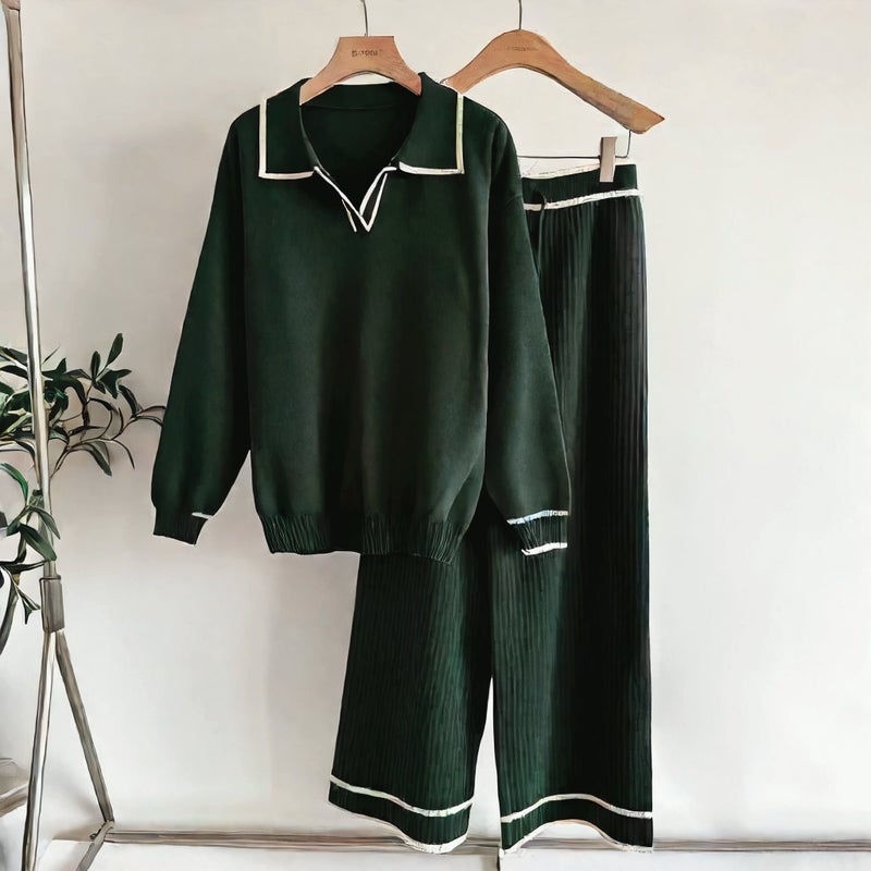 Fashion Casual Knit Two-Piece Set High Waist Slim Fit Turn-Down Collar Contrast Trim Women's Lounge Suit - Image 4