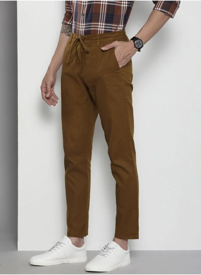 The Indian Garage Co Bronze Brown Men Slim Fit Casual Solid Regular Linen Trousers
