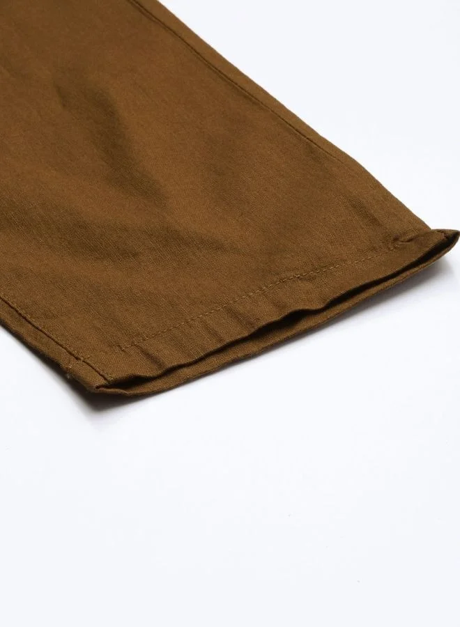 The Indian Garage Co Bronze Brown Men Slim Fit Casual Solid Regular Linen Trousers