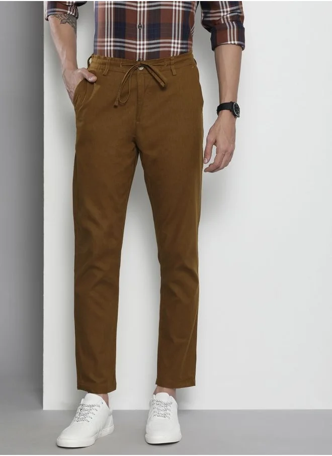The Indian Garage Co Bronze Brown Men Slim Fit Casual Solid Regular Linen Trousers