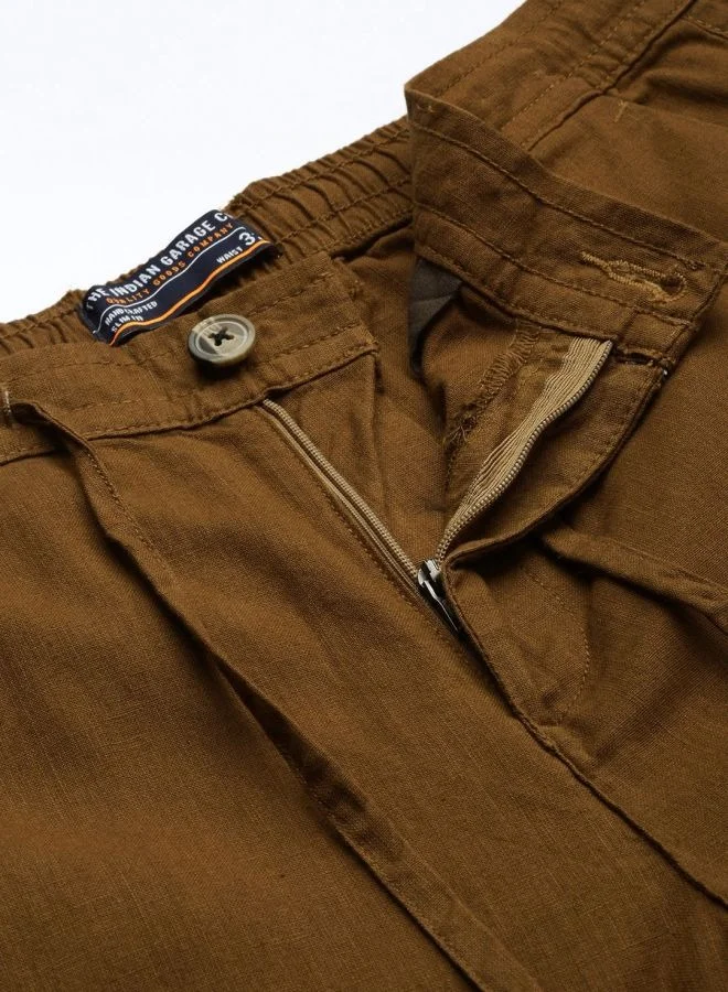 The Indian Garage Co Bronze Brown Men Slim Fit Casual Solid Regular Linen Trousers