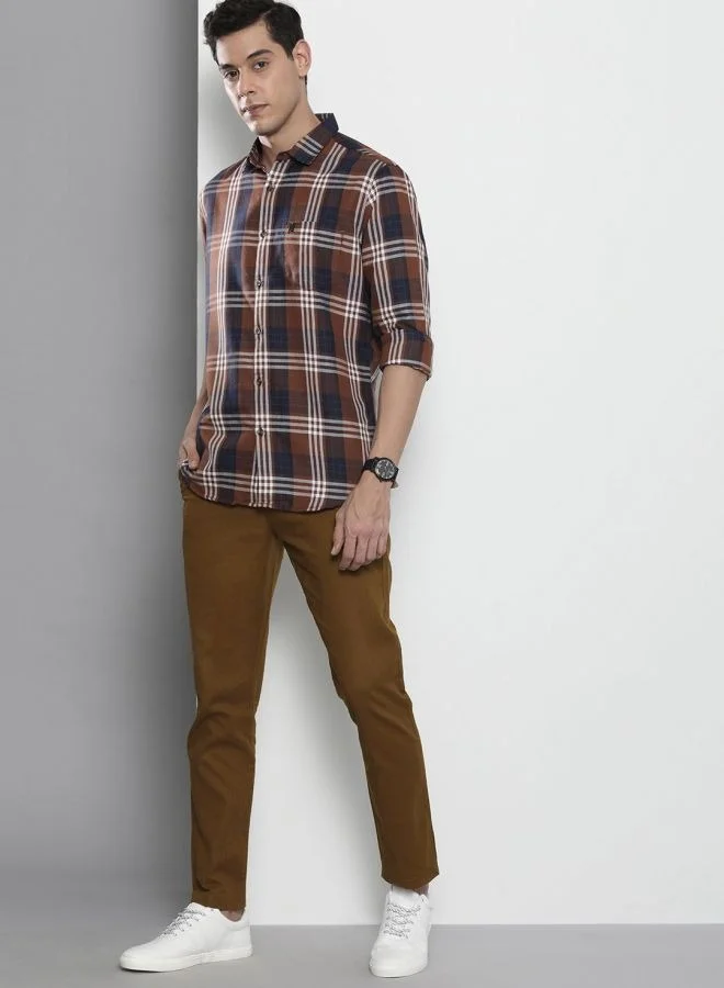 The Indian Garage Co Bronze Brown Men Slim Fit Casual Solid Regular Linen Trousers