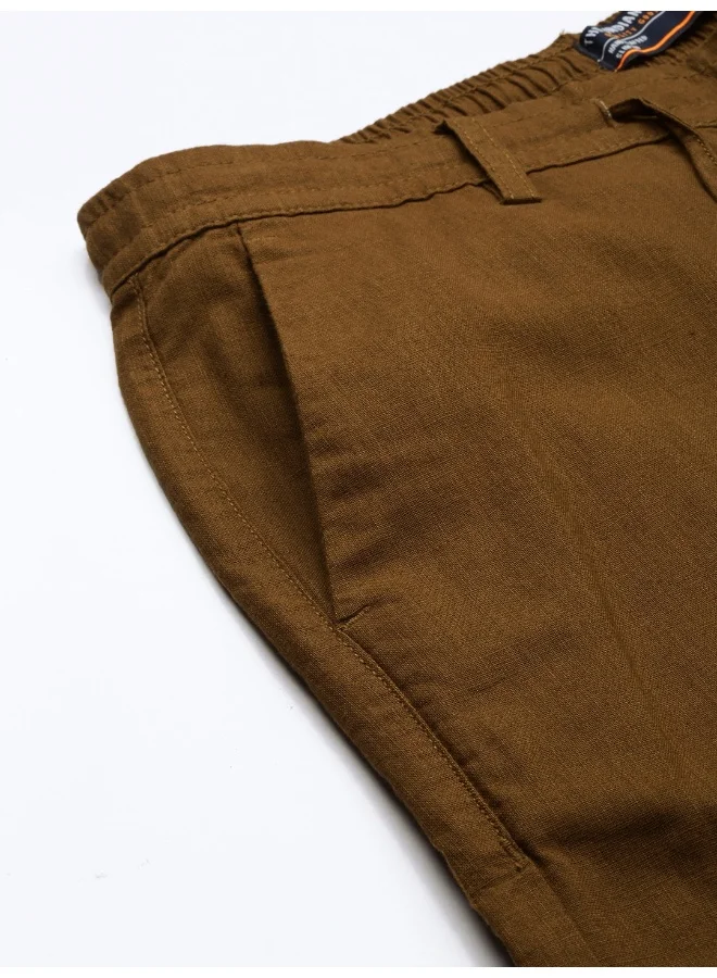 The Indian Garage Co Bronze Brown Men Slim Fit Casual Solid Regular Linen Trousers
