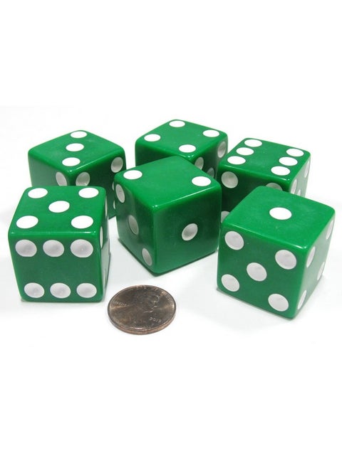 Koplow Games Set of 6 D6 25mm Large Opaque Jumbo Dice - Green with White Pip
