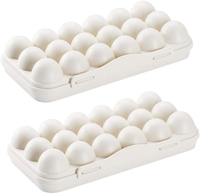 2 PACK PLASTIC EGG HOLDER FOR REFRIGERATOR COVERED EGG HOLDERS STACKABLE EGG CONTAINER COUNTERTOP EGG STORAGE ORGANIZER WITH LID 18X2 EGGSWHITE
