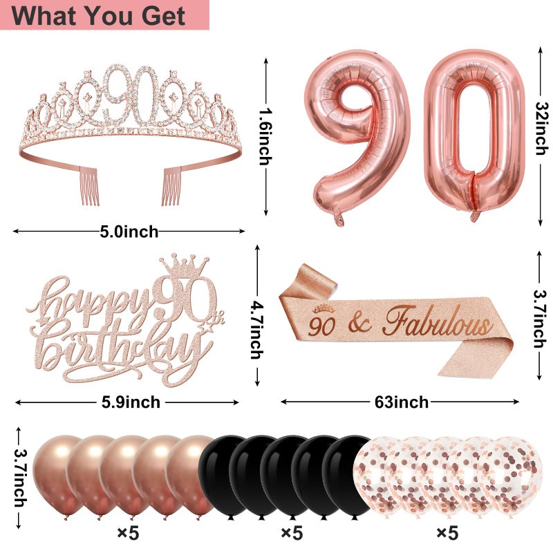 Juesly 90th Birthday Decorations for Women,32PCS 90th Birthday Party Decorations,Including Backdrop, Crown, Sash, banner, Hanging Swirl,Cake Topper,balloons,Paper Fans,Anniversary Card and paper fans - Image 3