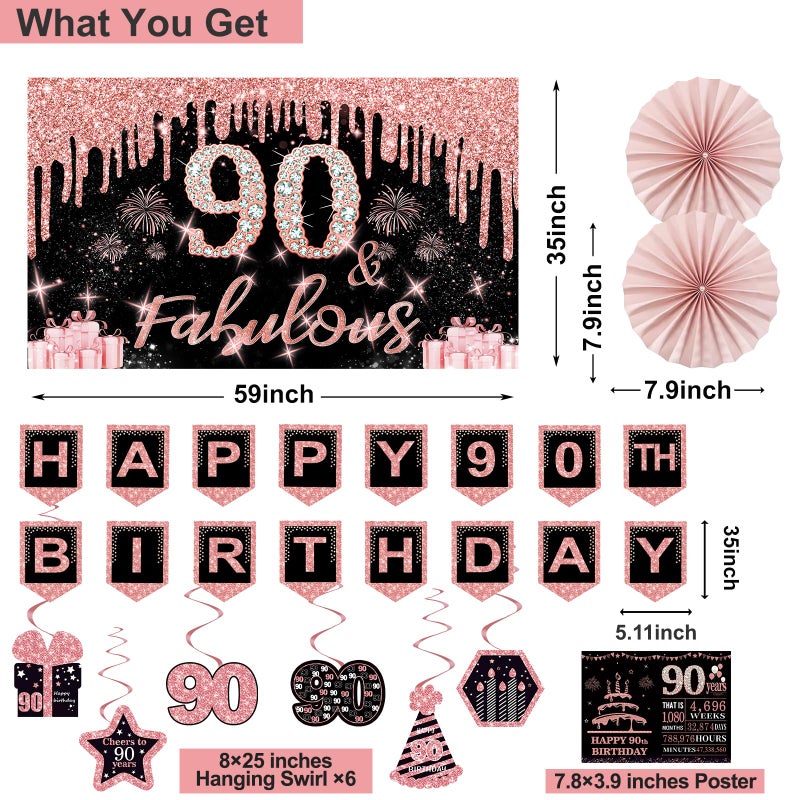 Juesly 90th Birthday Decorations for Women,32PCS 90th Birthday Party Decorations,Including Backdrop, Crown, Sash, banner, Hanging Swirl,Cake Topper,balloons,Paper Fans,Anniversary Card and paper fans - Image 2
