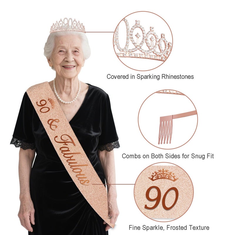 Juesly 90th Birthday Decorations for Women,32PCS 90th Birthday Party Decorations,Including Backdrop, Crown, Sash, banner, Hanging Swirl,Cake Topper,balloons,Paper Fans,Anniversary Card and paper fans - Image 4