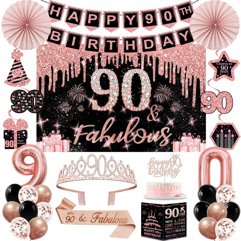 Juesly 90th Birthday Decorations for Women,32PCS 90th Birthday Party Decorations,Including Backdrop, Crown, Sash, banner, Hanging Swirl,Cake Topper,balloons,Paper Fans,Anniversary Card and paper fans - Image 1