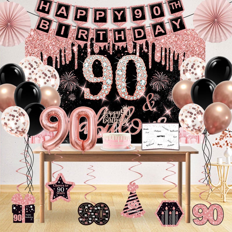 Juesly 90th Birthday Decorations for Women,32PCS 90th Birthday Party Decorations,Including Backdrop, Crown, Sash, banner, Hanging Swirl,Cake Topper,balloons,Paper Fans,Anniversary Card and paper fans - Image 5