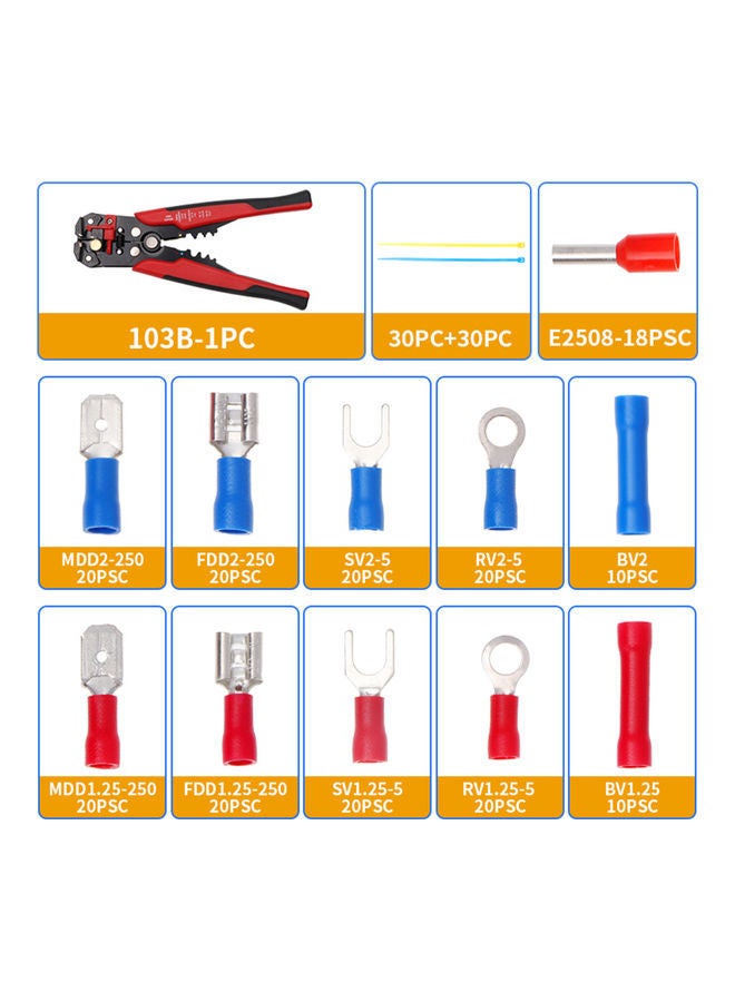 260-Piece Crimp Cable Terminals Set Kit With Wire Stripping Pliers Multicolour 17.8x2.3x10.5cm