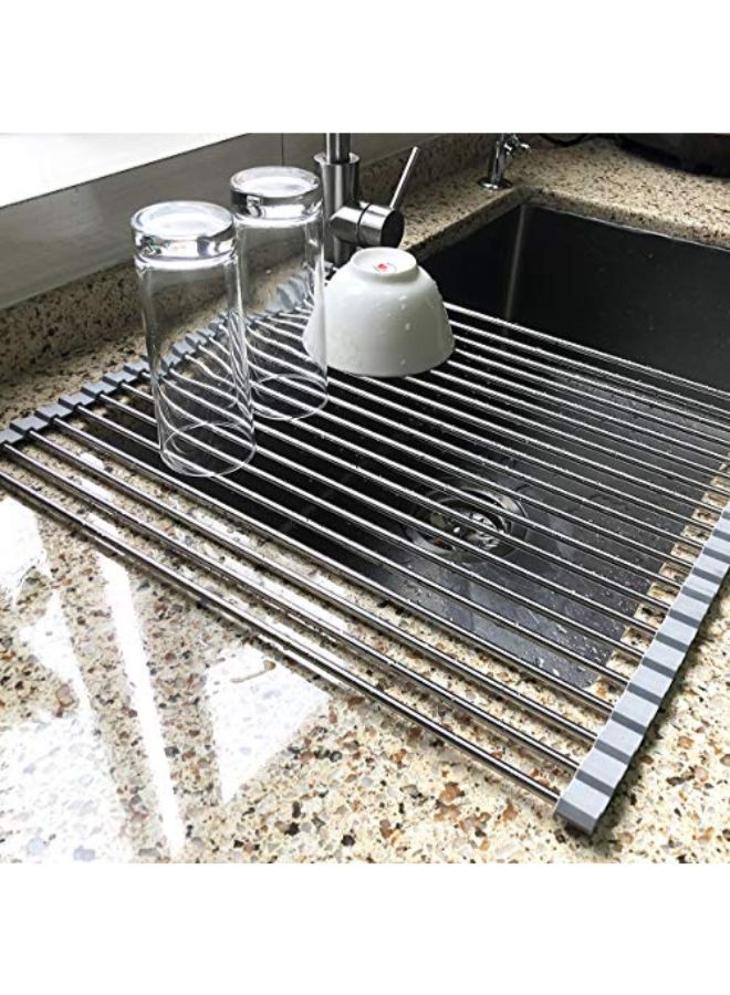 Tomorotec 17.7" x 15.5" Roll Up Dish Drying Rack Over Sink Drying Rack Sink Cover Kitchen Sink Accessories Gadget Multipurpose Organizer Foldable Stainless Steel Drainer (Grey) - Image 4