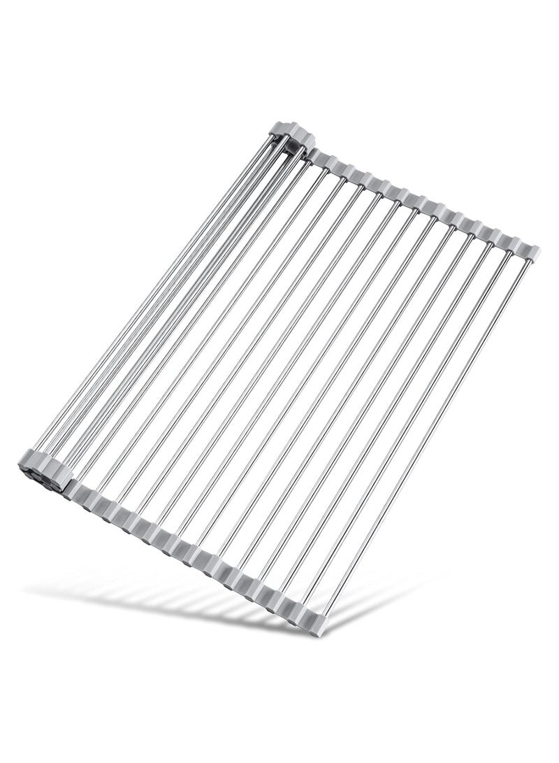 Tomorotec 17.7" x 15.5" Roll Up Dish Drying Rack Over Sink Drying Rack Sink Cover Kitchen Sink Accessories Gadget Multipurpose Organizer Foldable Stainless Steel Drainer (Grey) - Image 2