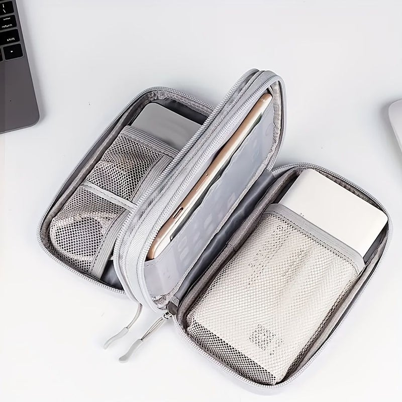 Cable Organizer Bag Light Grey Multifunctional Travel Digital Organizer Large Capacity Double Layer For Chargers Passports Business Trip - Image 4