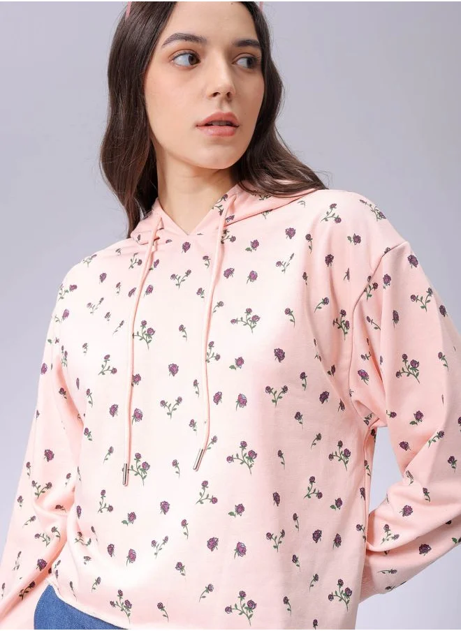 Freehand Women Relaxed Fit Ditsy Printed Hooded Sweatshirt