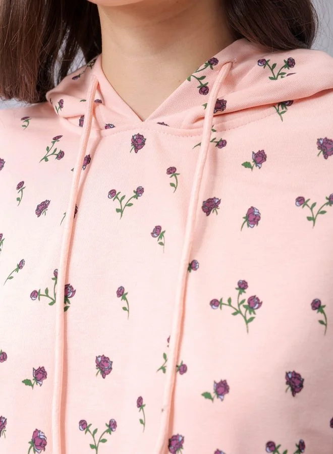 مرفوعة Women Relaxed Fit Ditsy Printed Hooded Sweatshirt