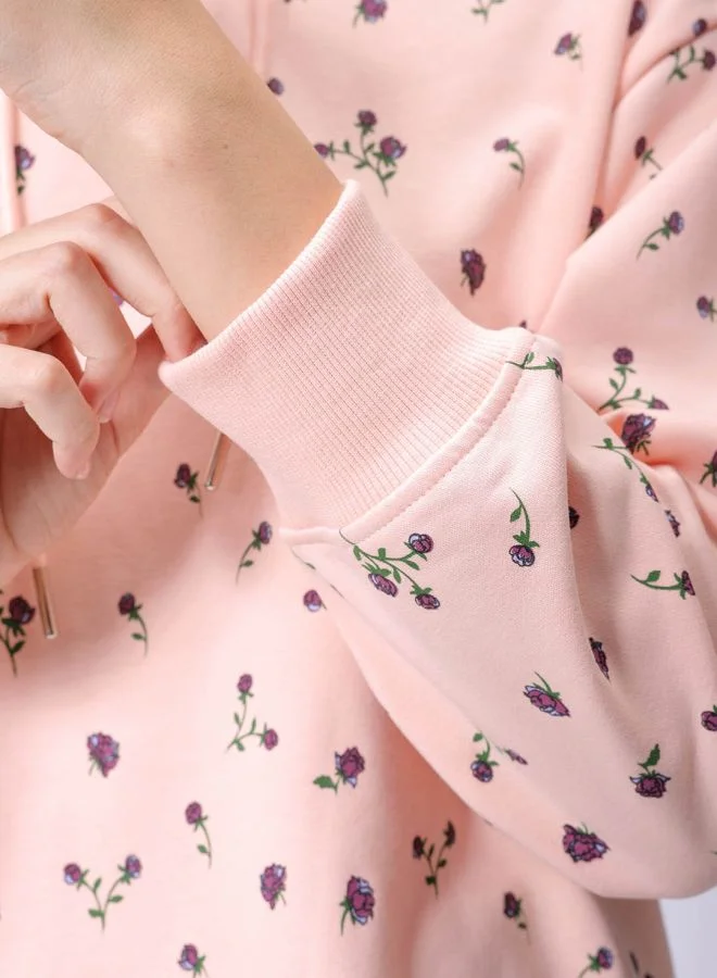 مرفوعة Women Relaxed Fit Ditsy Printed Hooded Sweatshirt
