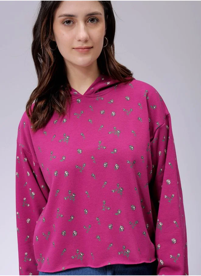 Freehand Women Relaxed Pink Printed Hooded Neck Long Sleeve Sweatshirt