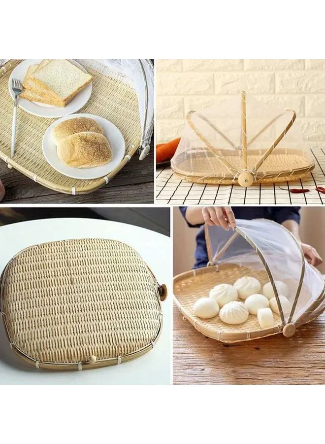 Square Bamboo Bread Basket With Mesh Cover Insect Proof For Picnic Storage - Image 1