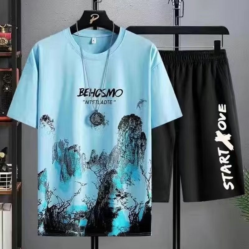 Boys Summer New Sports Suit Korean-style All-match Short-sleeve Top Straight Shorts Youth Trendy Casual Thin Blue suit  - Image 1