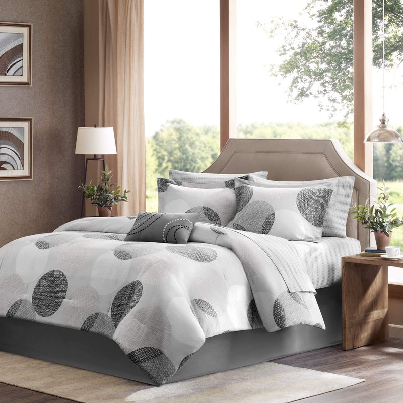 madison park Madison Park Essentials Bed in a Bag Comforter Vibrant Color Design All Season Down Alternative Cover with Complete Cotton Sheet Set Queen90x90 Knowles Circular Grey 9 Piece 