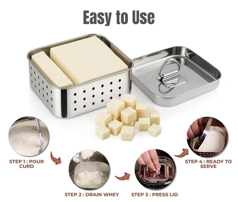 AADIVY Stainless Steel Paneer Maker - 250 ML, Square Shape Paneer & Tofu Press Mould, Easy to use Paneer Press Machine for Perfect Homemade Tofu or Paneer, Compact Design - 10.2 X 4.2 cm - Image 3