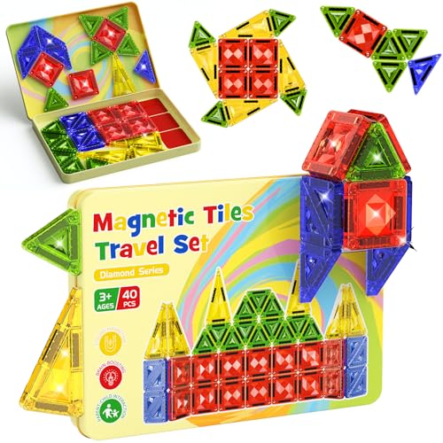 STEM MATCH Mini Magnetic Tiles for Kids Ages 48 40PCS Portable Travel Toys with Visual Storage Guide Metal Storage Box Compact Magnetic Building Blocks for Toddlers 35 Travel Activities - Image 1