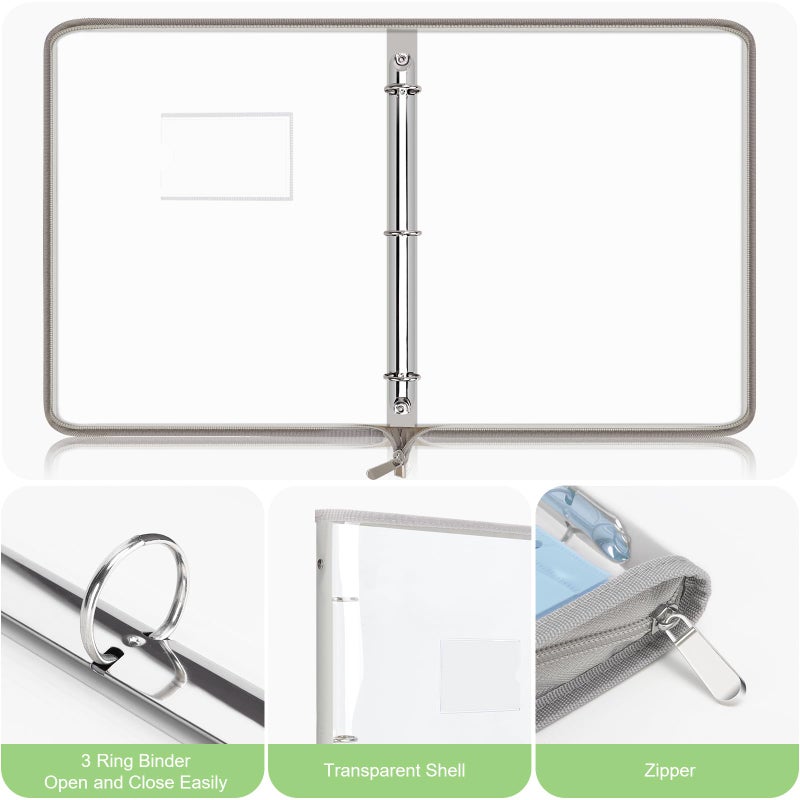 Uquelic Document Organizer, Soft PVC Binder with 12 Colorful Pockets - Zipper Binder 3 Ring with Dividers Letter Size (11'' x 8.5'')-Large Capacity Cute Folder for School, Office & Home Useâ€‹ (Grey) - Image 3