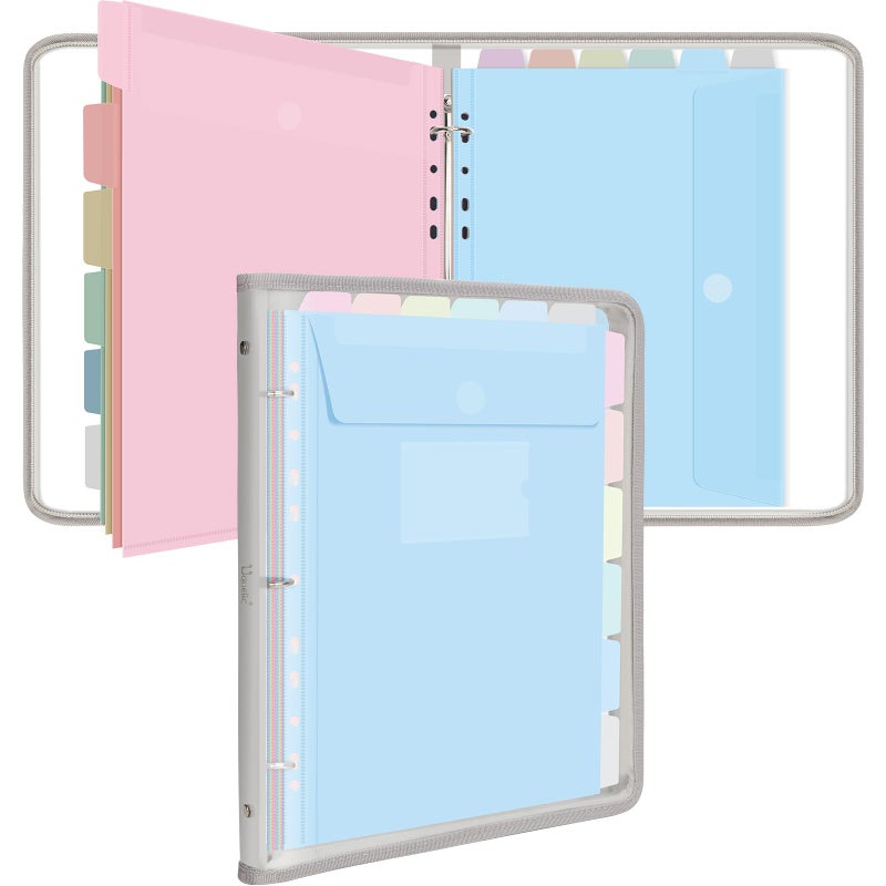Uquelic Document Organizer, Soft PVC Binder with 12 Colorful Pockets - Zipper Binder 3 Ring with Dividers Letter Size (11'' x 8.5'')-Large Capacity Cute Folder for School, Office & Home Useâ€‹ (Grey) - Image 1