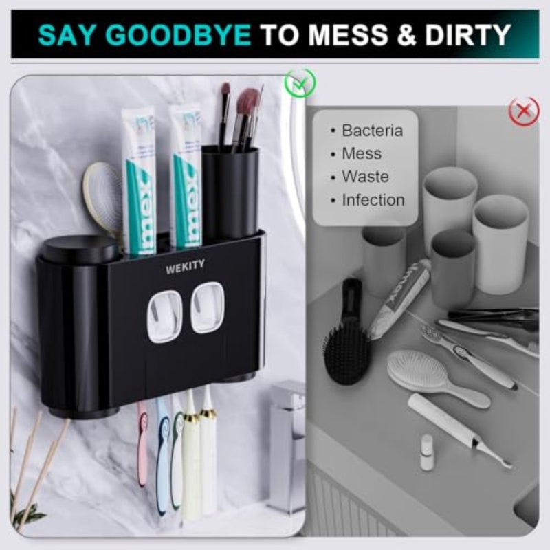 Toothbrush Holder, Multi-Functional Wall Mounted Toothbrush Holder, Toothpaste Dispenser for Bathroom with 2 Toothpaste Squeezers, 5 Toothbrush Slots and 4 Cups - Image 4
