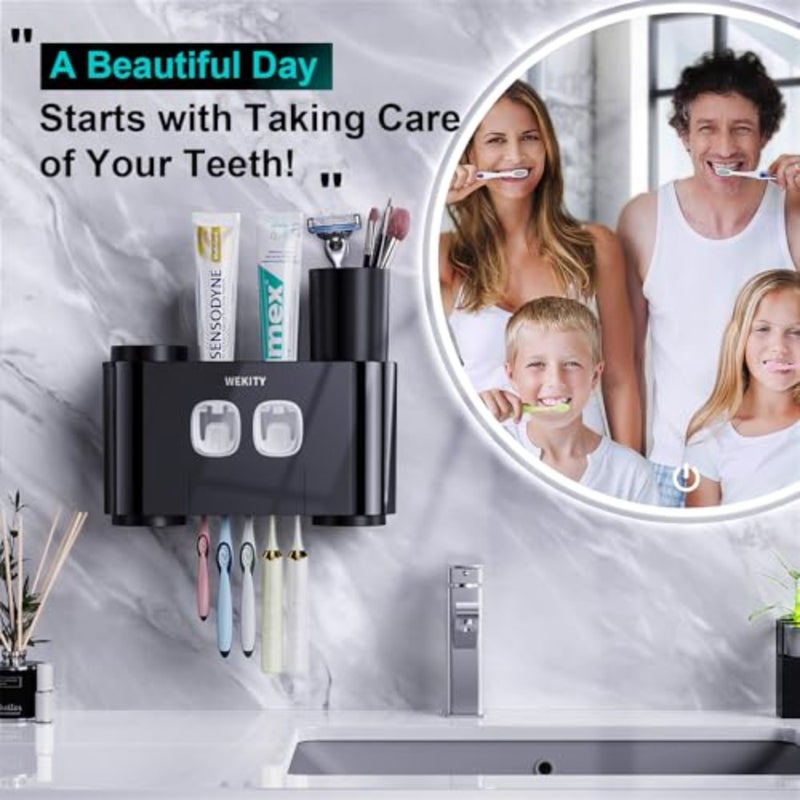 Toothbrush Holder, Multi-Functional Wall Mounted Toothbrush Holder, Toothpaste Dispenser for Bathroom with 2 Toothpaste Squeezers, 5 Toothbrush Slots and 4 Cups - Image 2