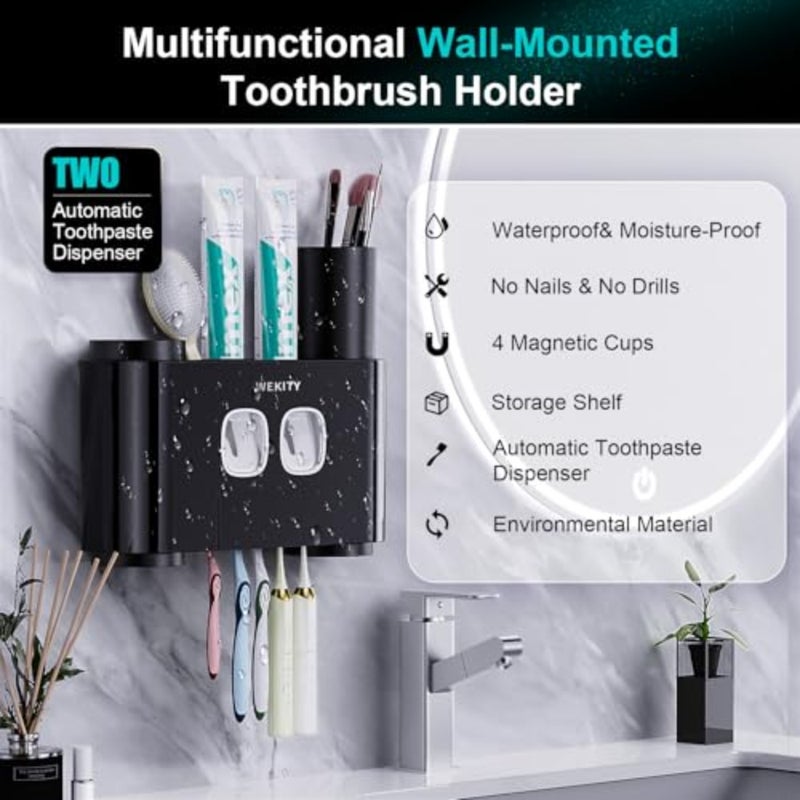 Toothbrush Holder, Multi-Functional Wall Mounted Toothbrush Holder, Toothpaste Dispenser for Bathroom with 2 Toothpaste Squeezers, 5 Toothbrush Slots and 4 Cups - Image 3