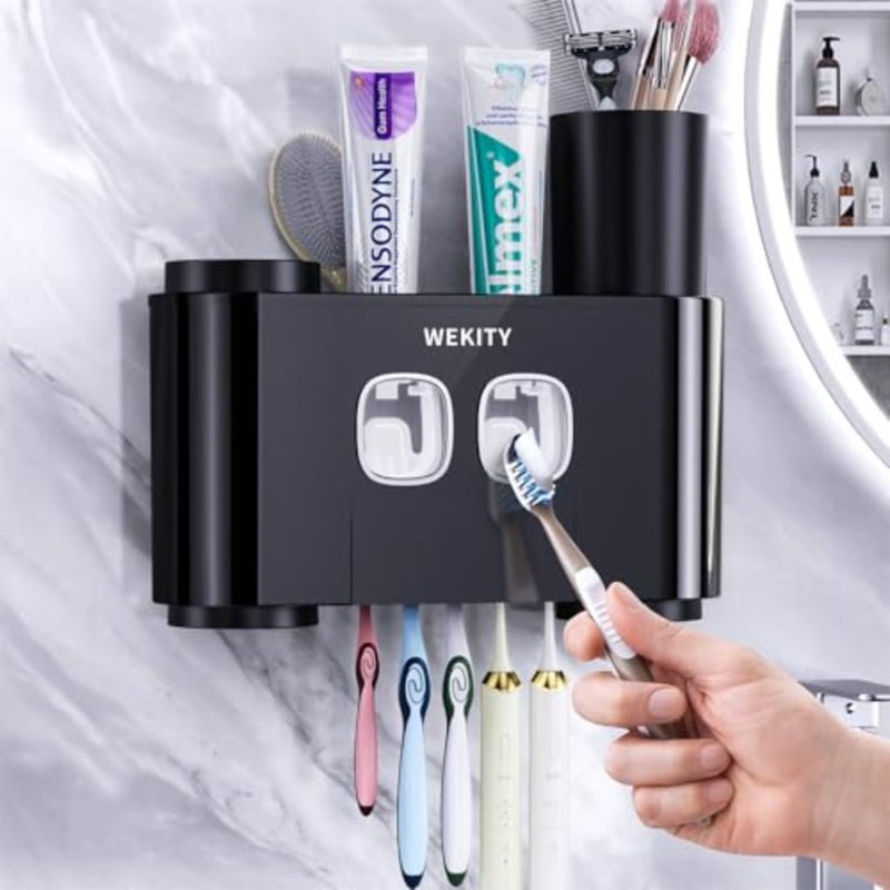 Toothbrush Holder, Multi-Functional Wall Mounted Toothbrush Holder, Toothpaste Dispenser for Bathroom with 2 Toothpaste Squeezers, 5 Toothbrush Slots and 4 Cups - Image 1