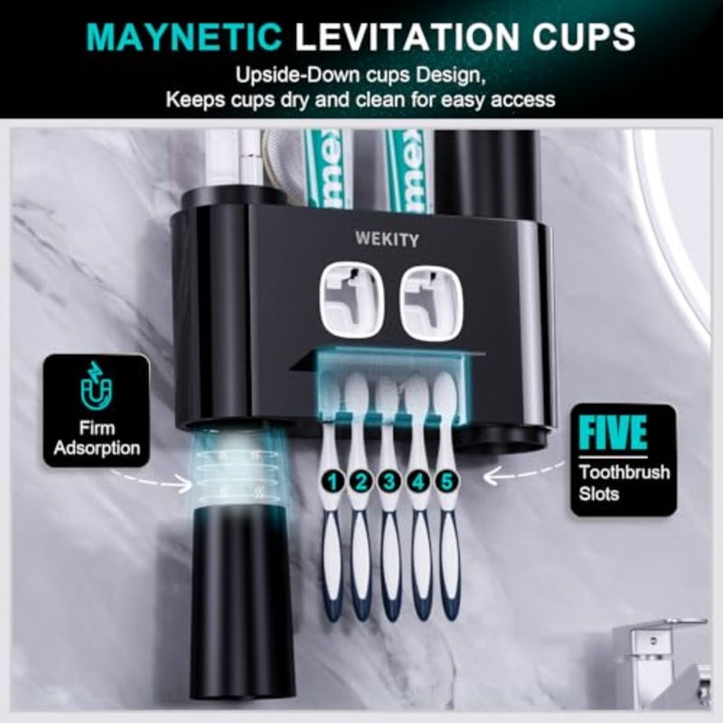 Toothbrush Holder, Multi-Functional Wall Mounted Toothbrush Holder, Toothpaste Dispenser for Bathroom with 2 Toothpaste Squeezers, 5 Toothbrush Slots and 4 Cups - Image 5