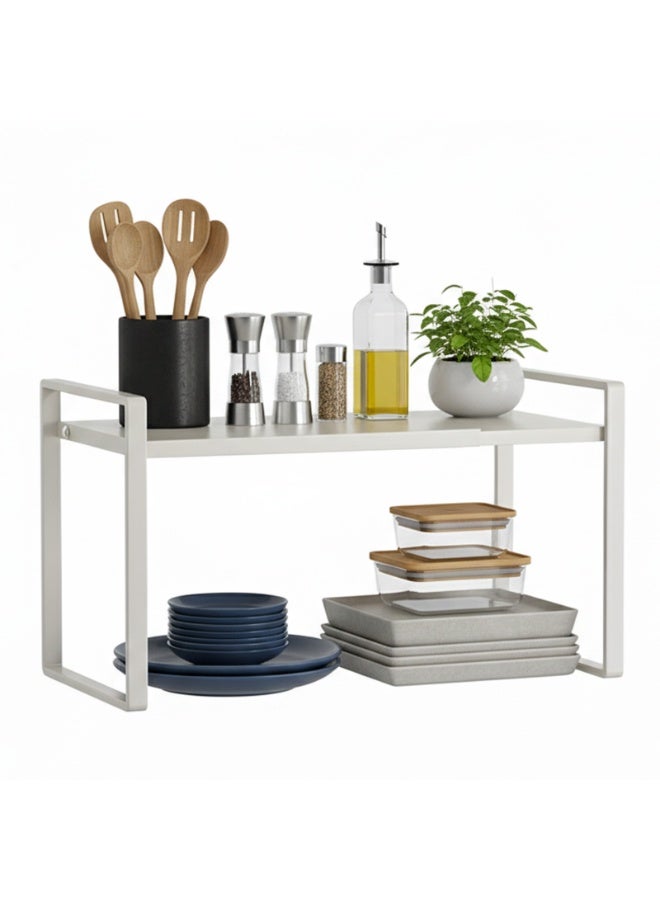 Sinyin 2 Tier Kitchen Counter Shelf Organizer, Metal Kitchen Storage Rack for Cabinet and Pantry, Countertop Organizer Stand for Plates, Bowls, Spice Bottles and Utensils, Space Saving Kitchen Shelf White - Image 1