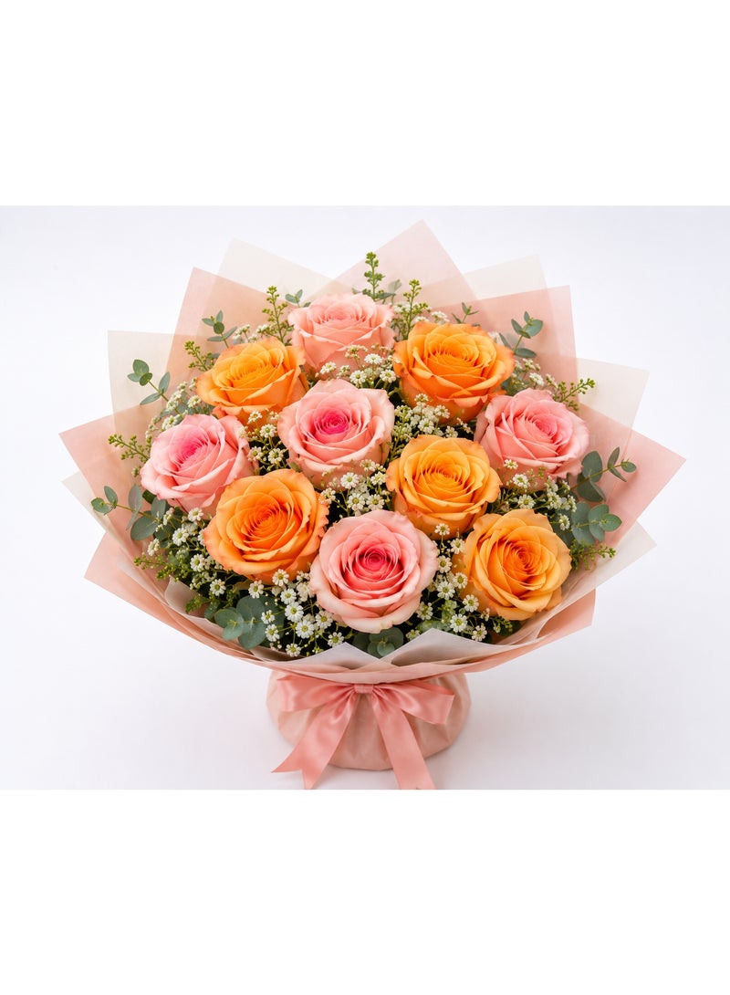 Stem Pink & Orange Rose Bouquet with Baby’s Breath